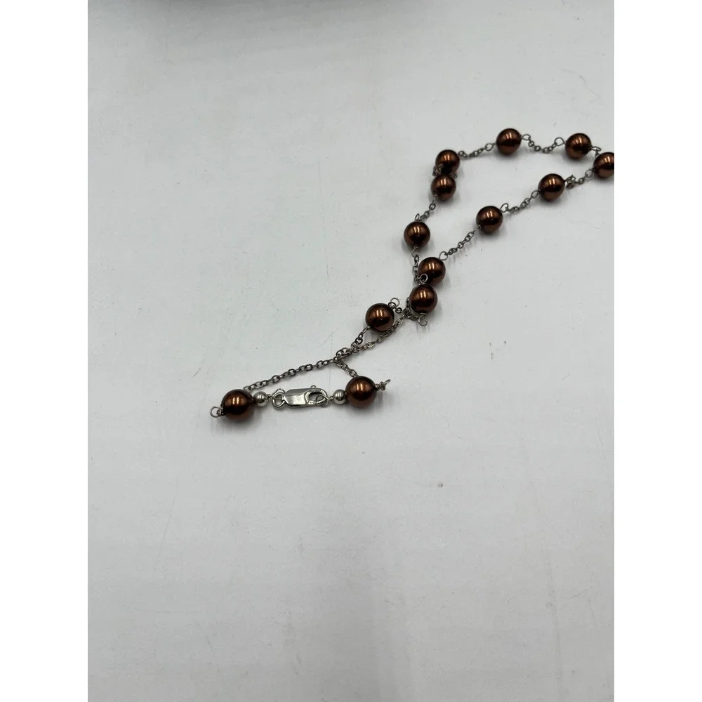 Round Chocolate Brown Freshwater Tin Cup Pearl Sterling Silver Link Necklace 16